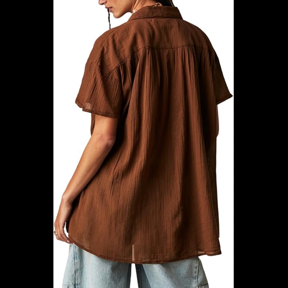 Free People Float Away Button Down Cotton Shirt Neutral Beachy Oversized Blouse - Picture 4 of 13